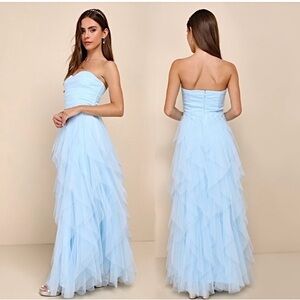 Lulus Delightful Beauty Blue Mesh Strapless Ruched Ruffled Maxi Dress, S/XS NWOT